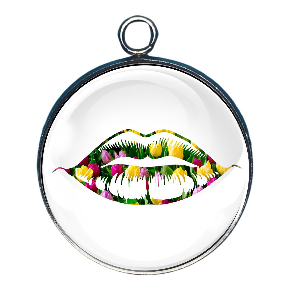 a charm featuring a set of lips filled with tulips