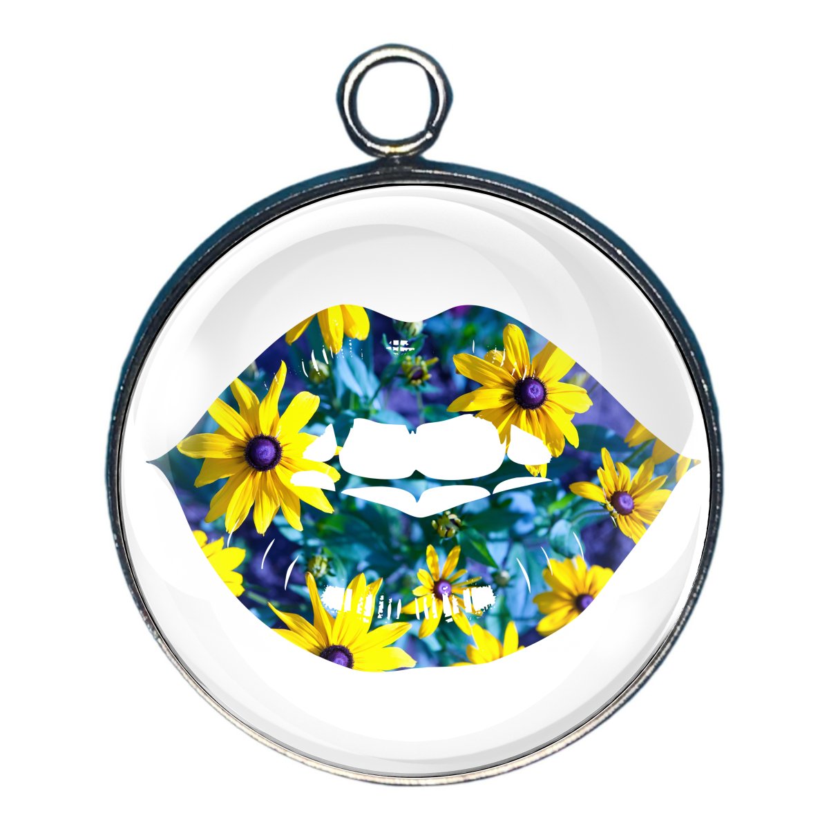 a charm featuring a set of lips filled with yellow wild flowers 