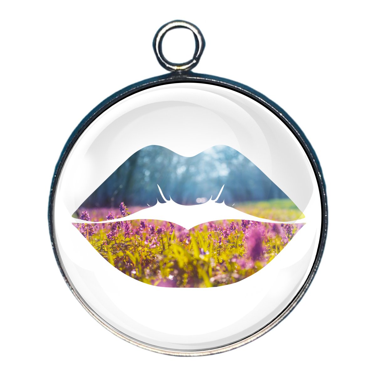 a charm featuring a set of lips filled with a field of wildflowers