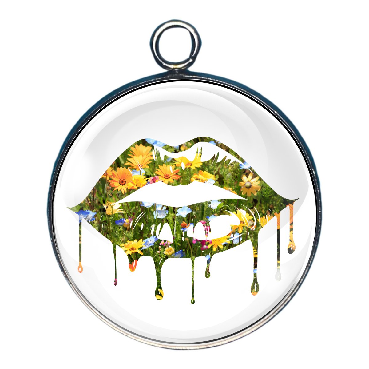 a charm featuring a set of lips filled with wildflowers