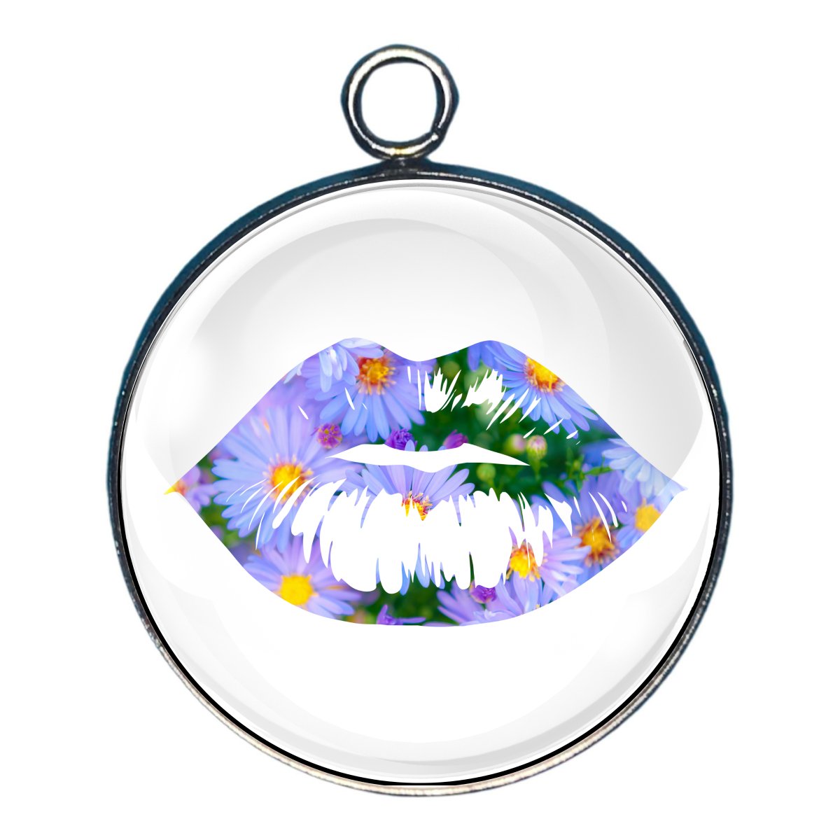 a charm featuring a set of lips filled with wildflowers