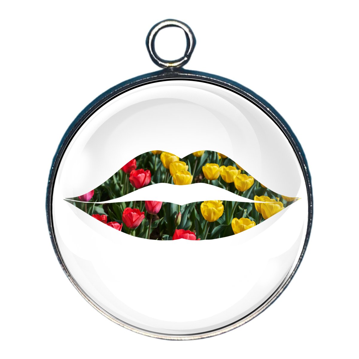 a charm featuring a set of lips filled with red and yellow tulips