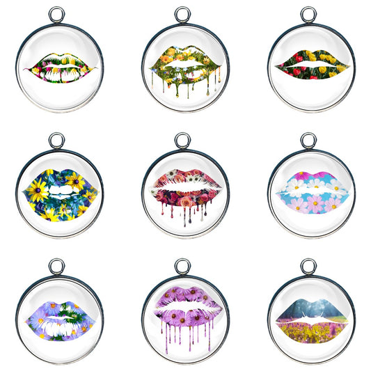 group of 9 charms depicting lips filled with flowers of spring