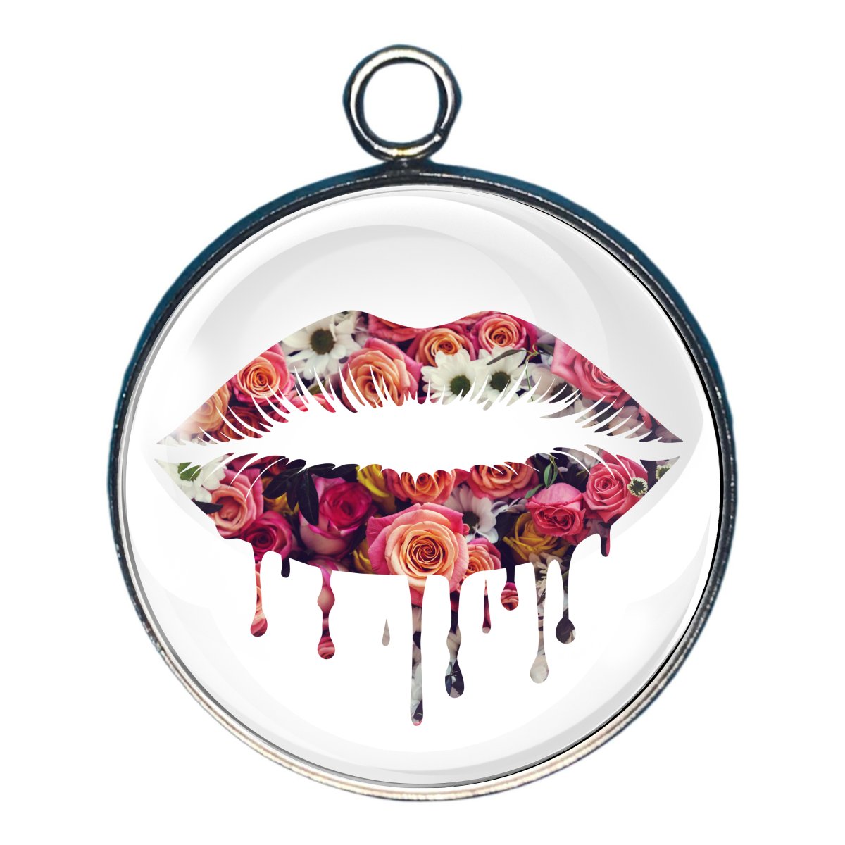 a charm featuring a set of lips filled with pink roses and white daisies