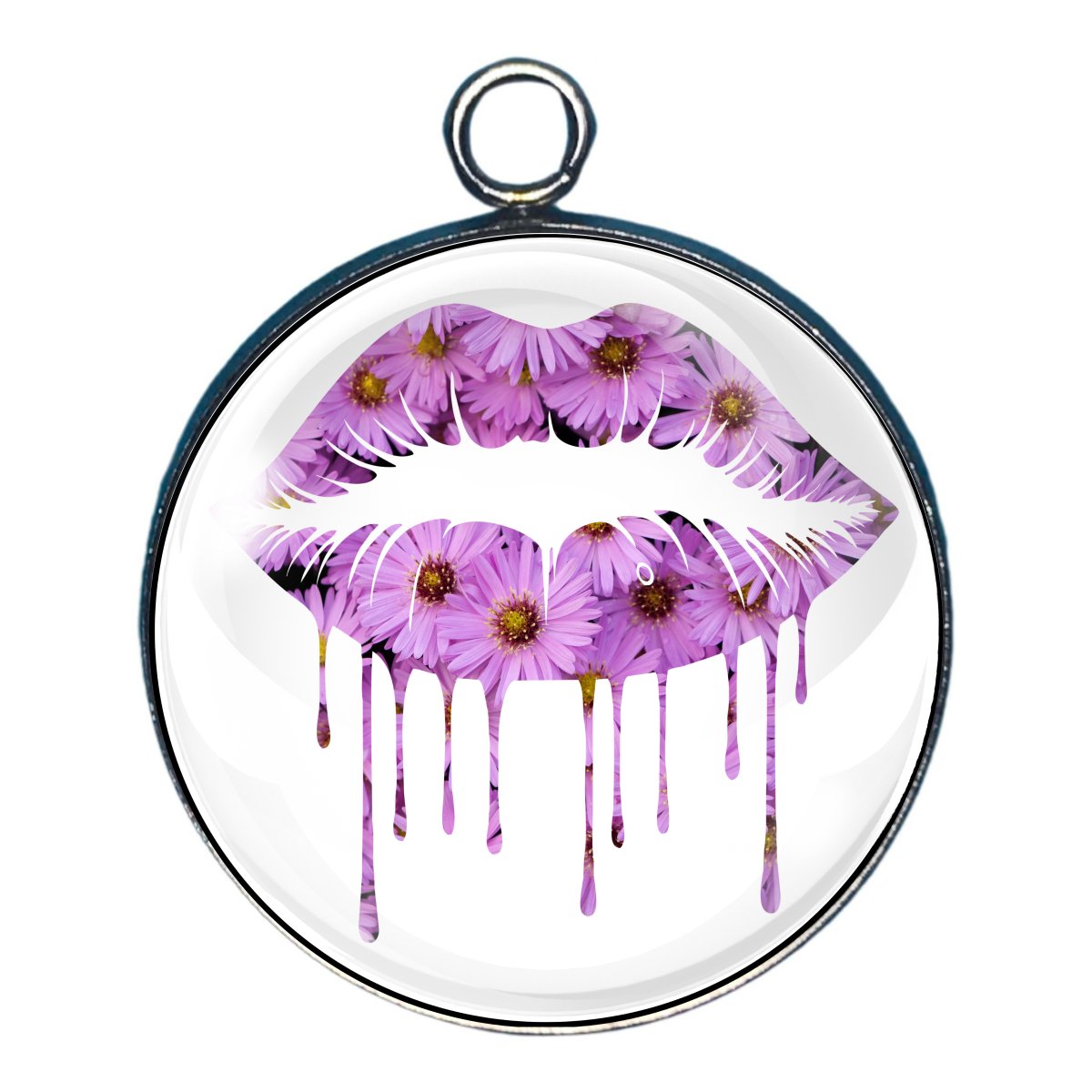 a charm featuring a set of lips filled with pink wildflowers