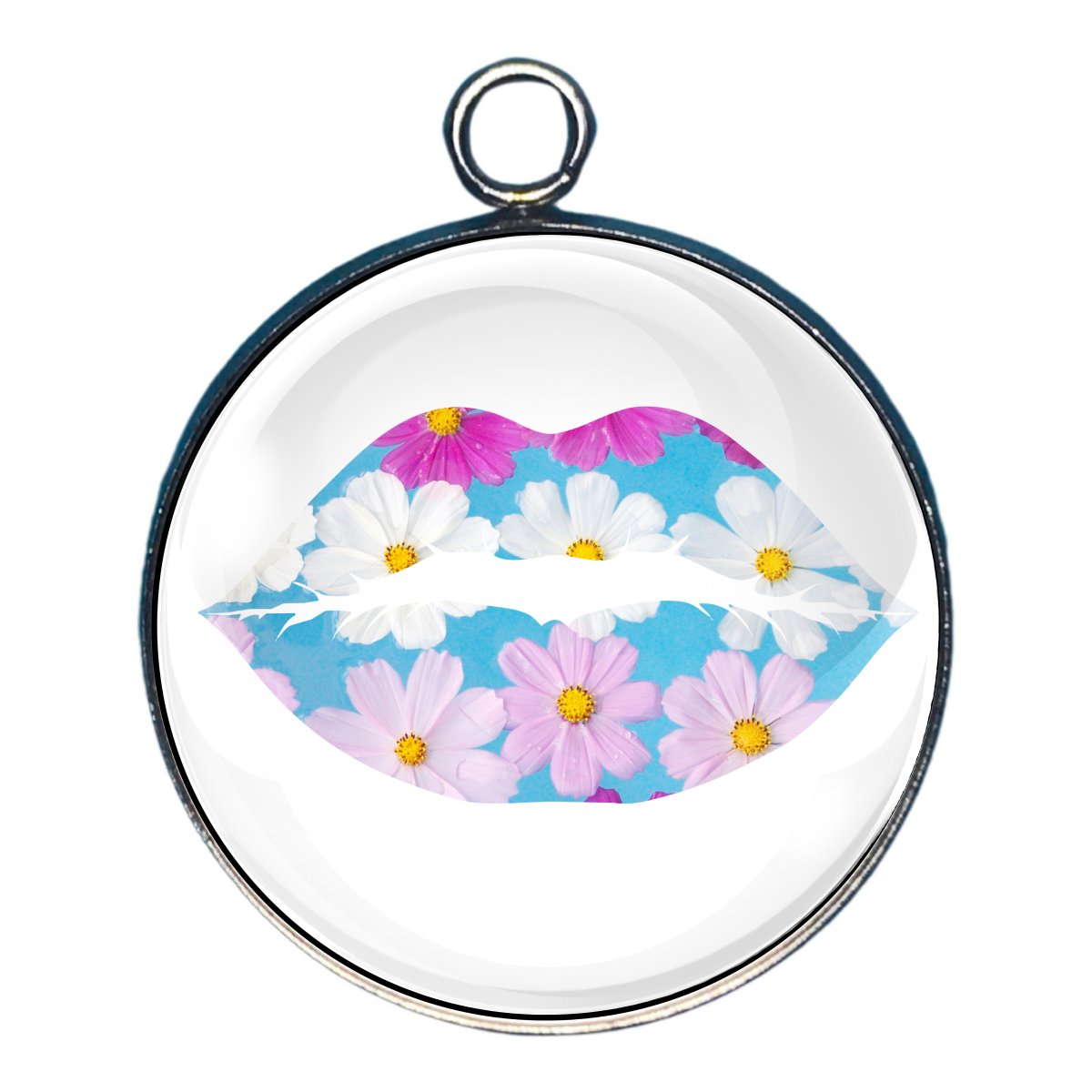 a charm featuring a set of lips filled with pink and white flowers