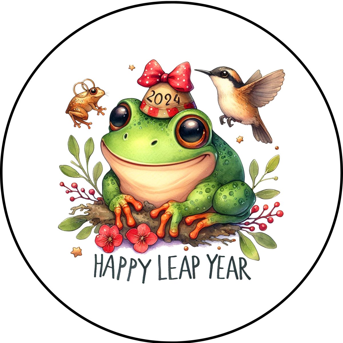 charm option depicting a couple of frogs, and a humming bird with the words 'happy leap year