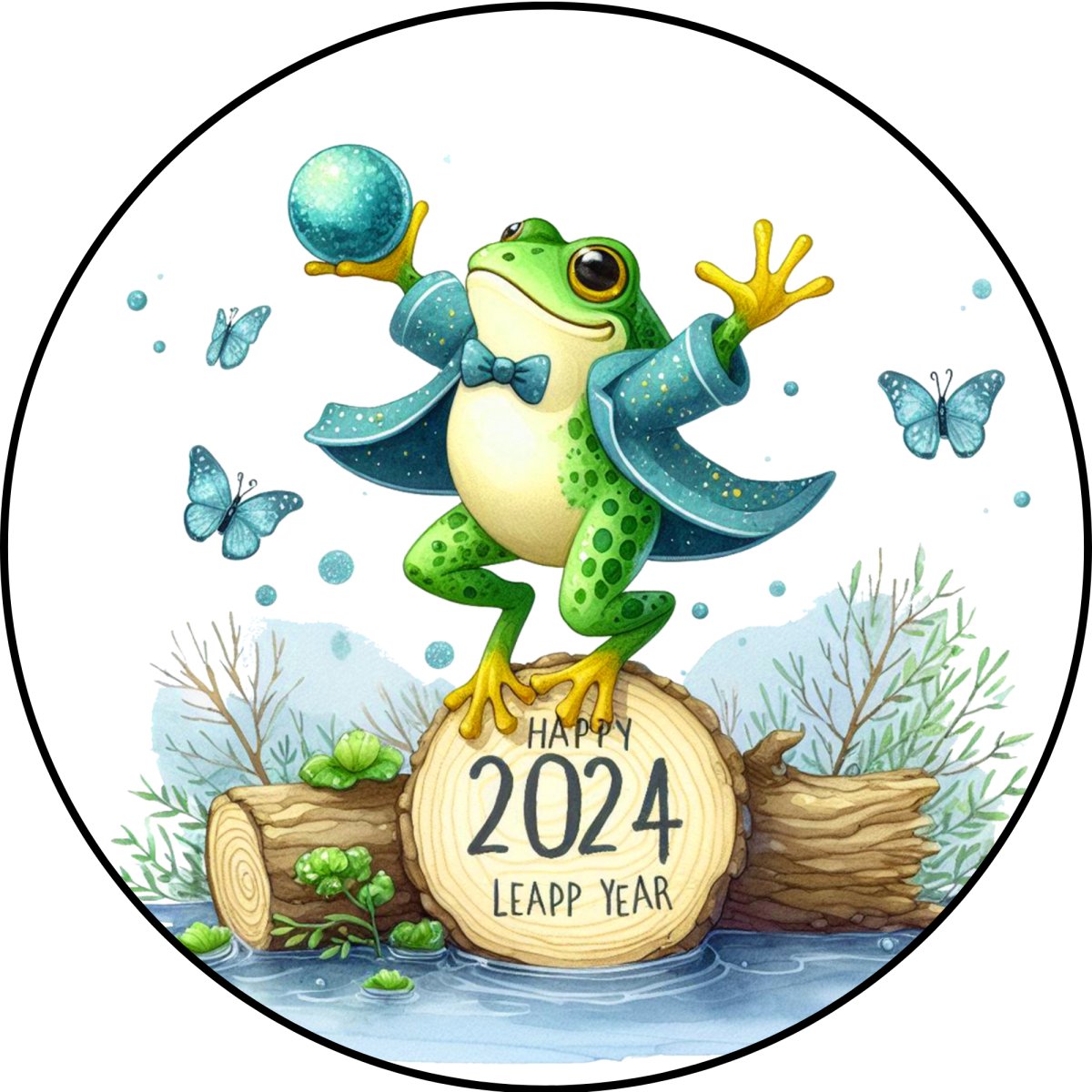 charm option depicting a frog on a log wearing a jacket and tie with the words Happy 2024 leap year