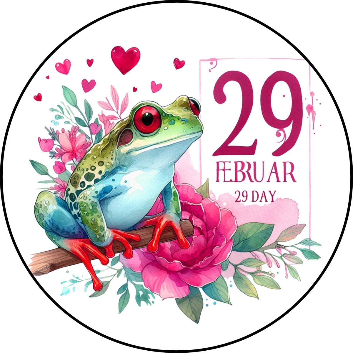 charm option depicting a frog on a rose bush branch with a calendar page for February 29