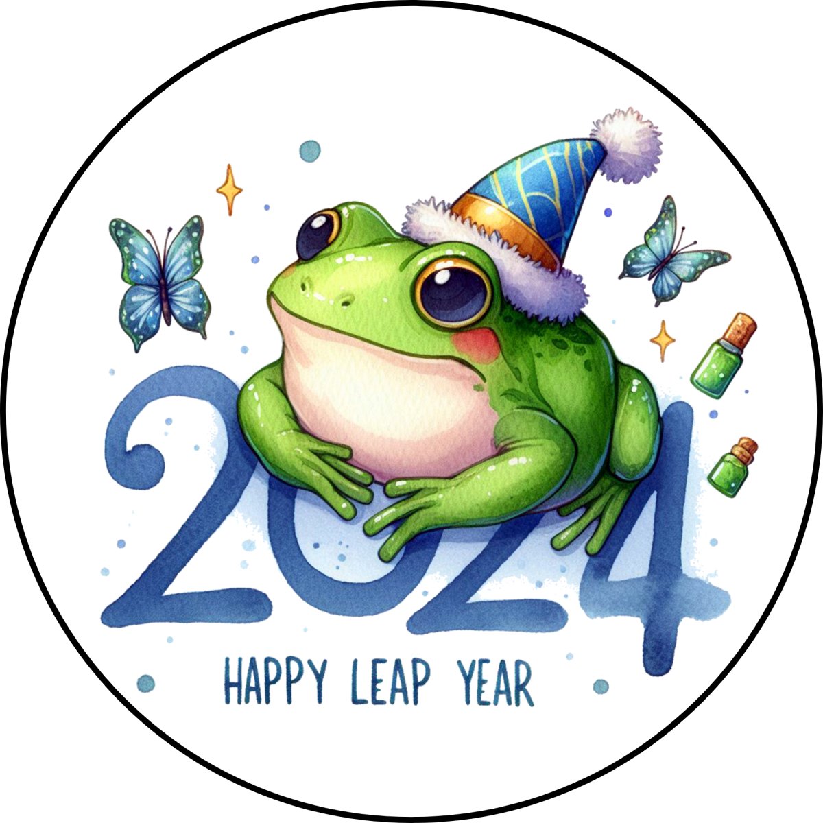 charm option depicting a frog with a party hat and the words '2024 happy leap year