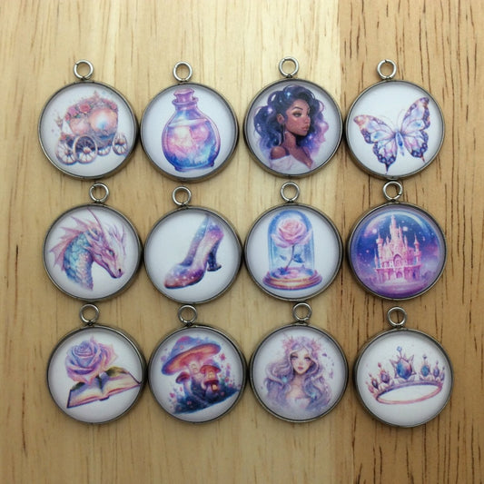 12 glass cabochon charms with a fairytale theme