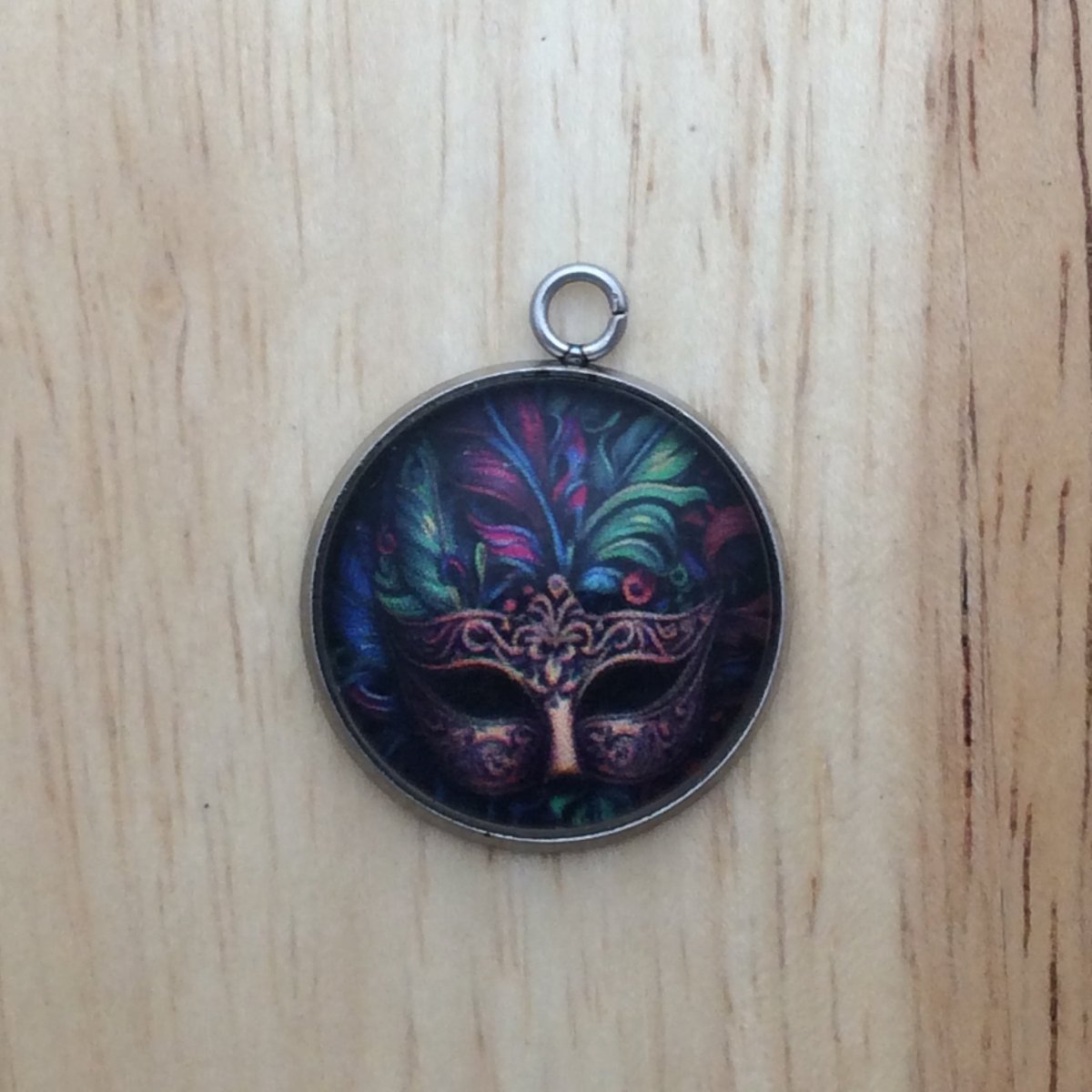 Colorful Mardi gras mask glass cabochon charm