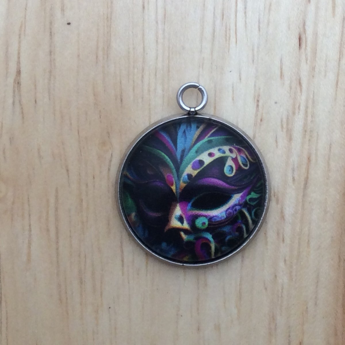 Colorful Mardi gras mask glass cabochon charm