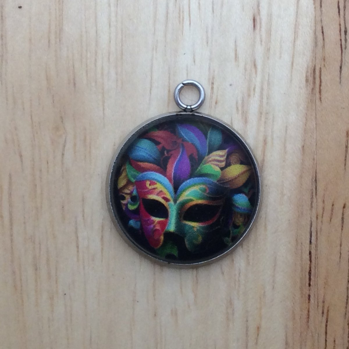 Colorful Mardi gras mask glass cabochon charm