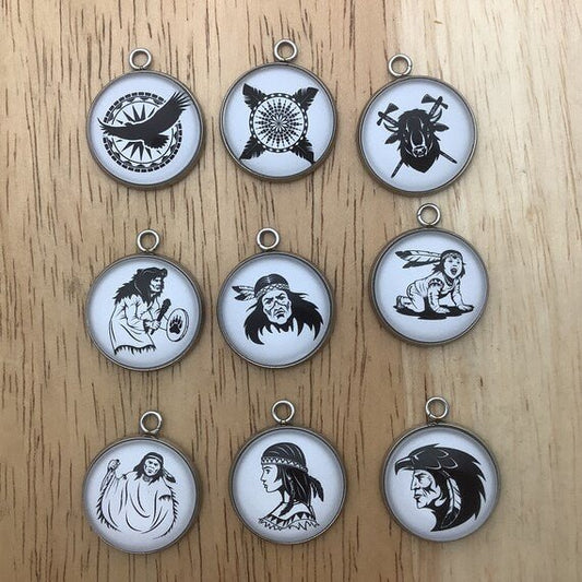 set of 9 black and white indian culture charms