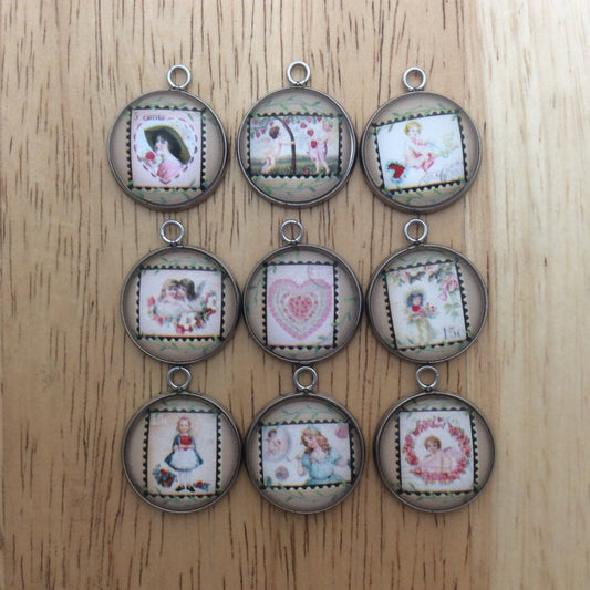 9 glass cabochon charms with pictures vintage valentine stamps