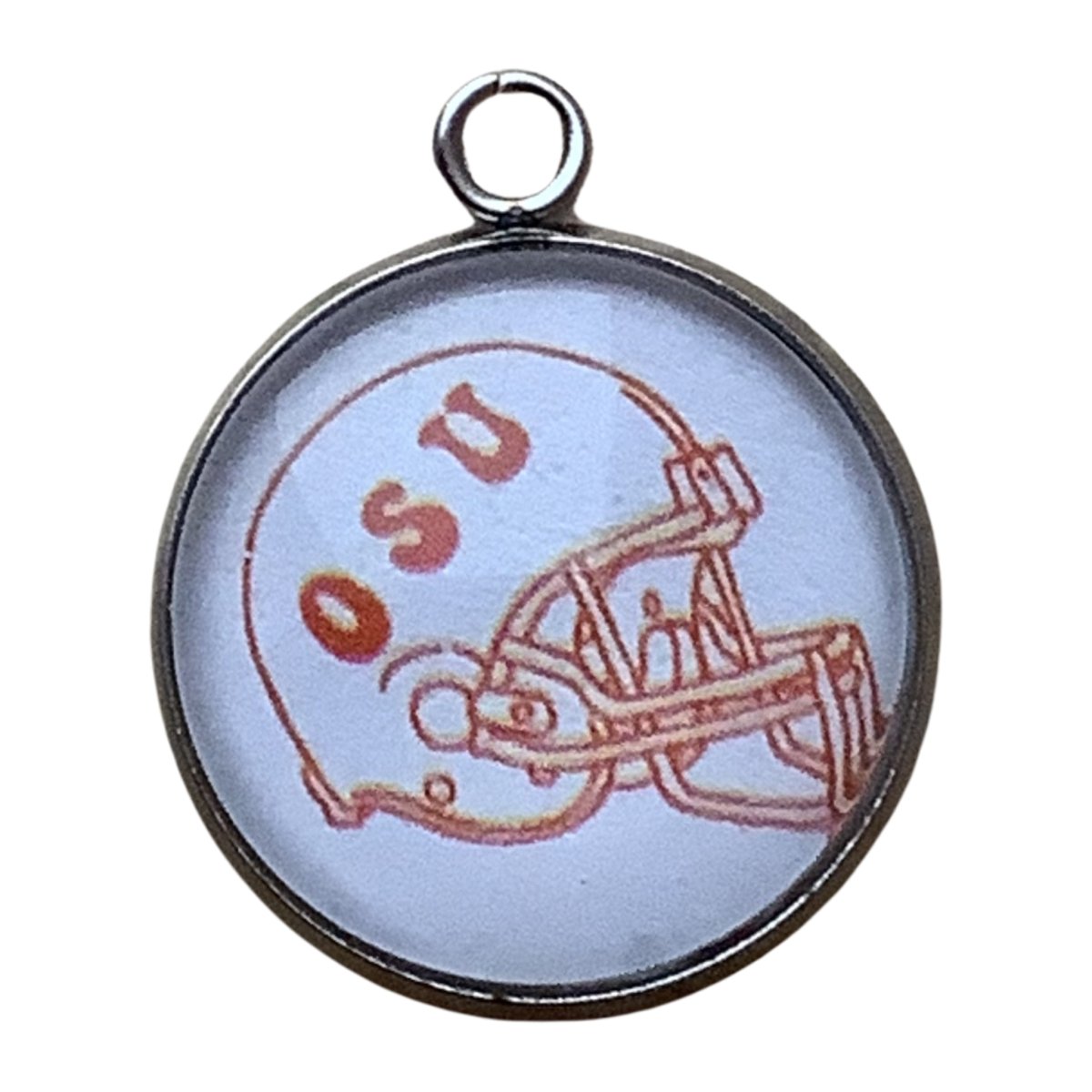 an outline of a helmet withthe initials OSU - charm 