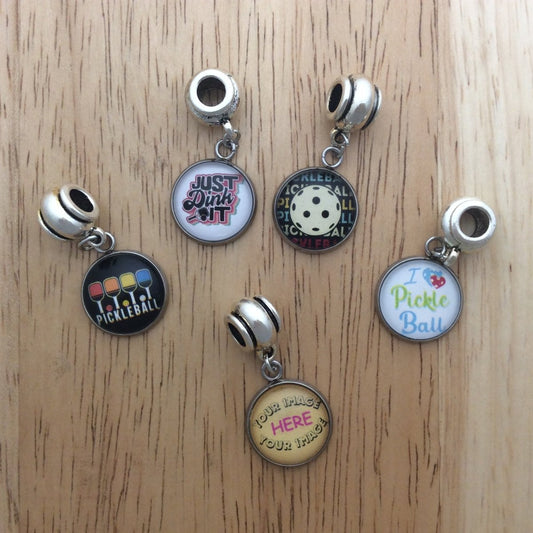 5 - pandora style silver beads with pickleball themed glass cabochon charms