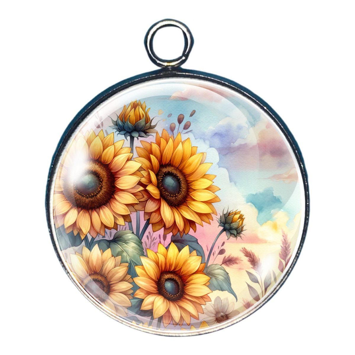 charm depicting a closeup of sunflowers witha pink and blue pastel skyline