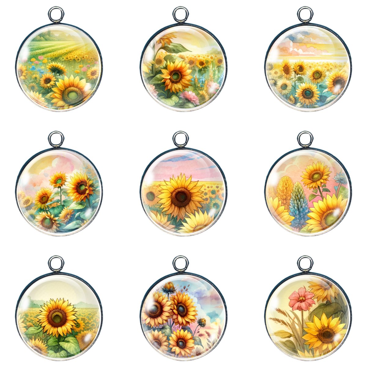 Group of 9 charms depicting sunflowers and pastel background scenes