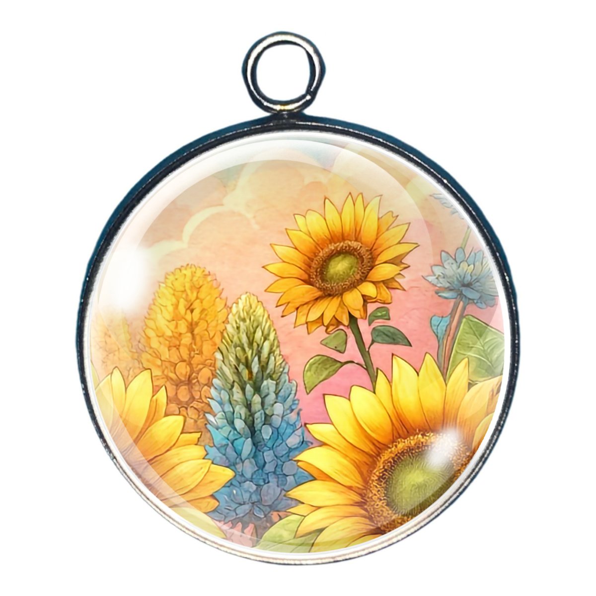 charm of a sunflower and other flowers with a pink and yellow pastel cloud background