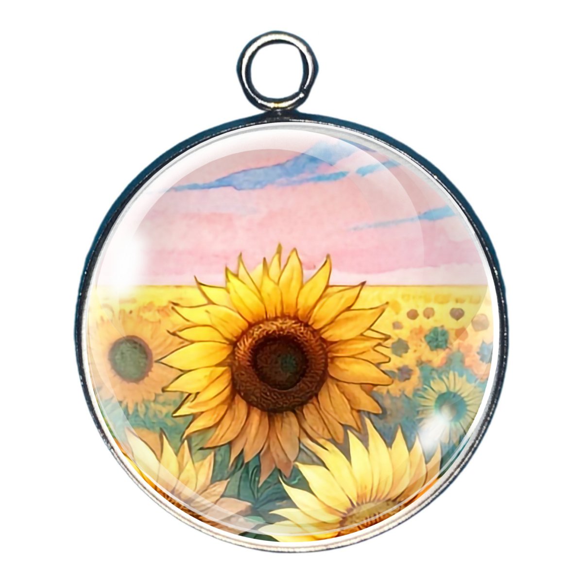 charm of a close up of a sunflower in a field of sunflowers with a pink and blue sky