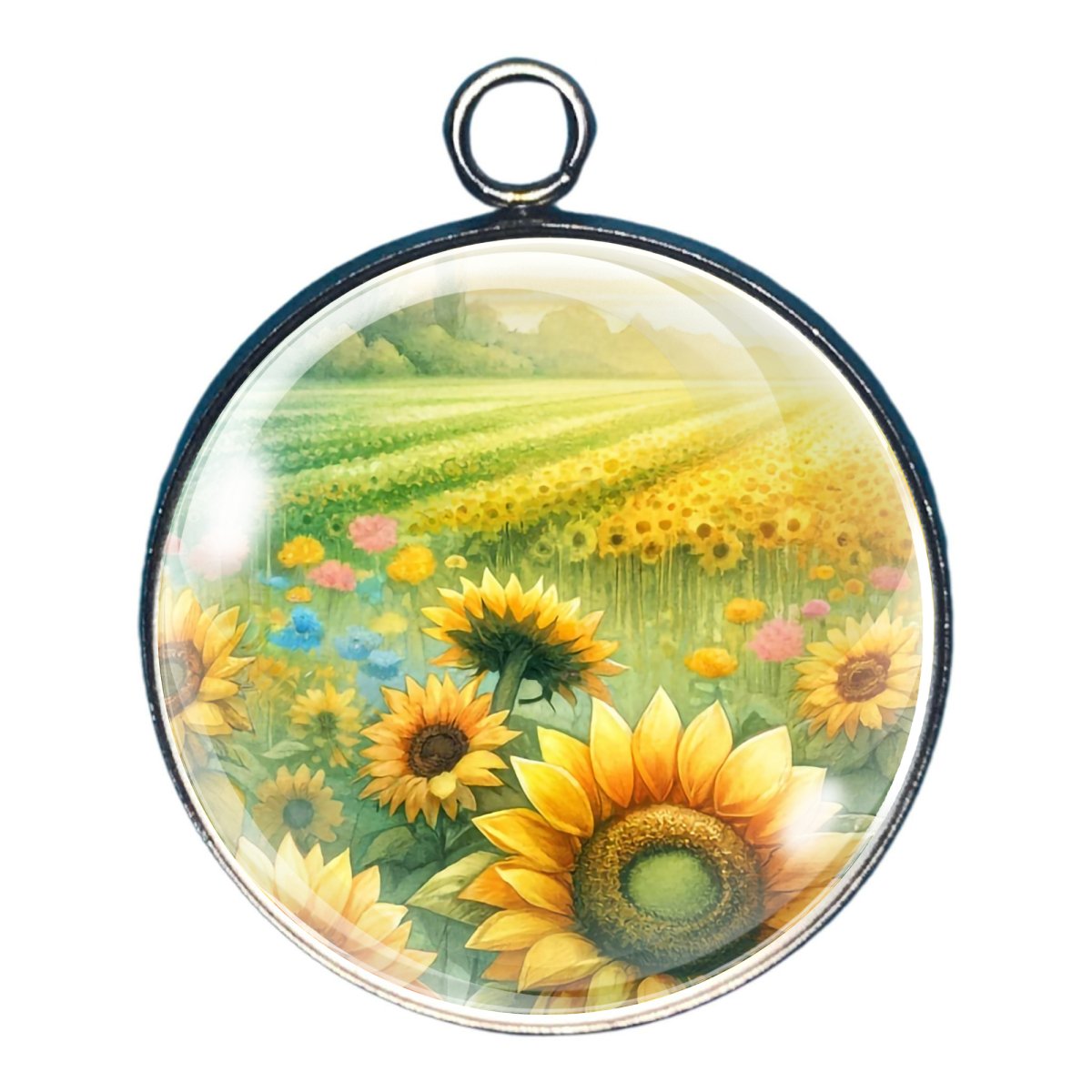 charm depicting rows and rows of sunflowers