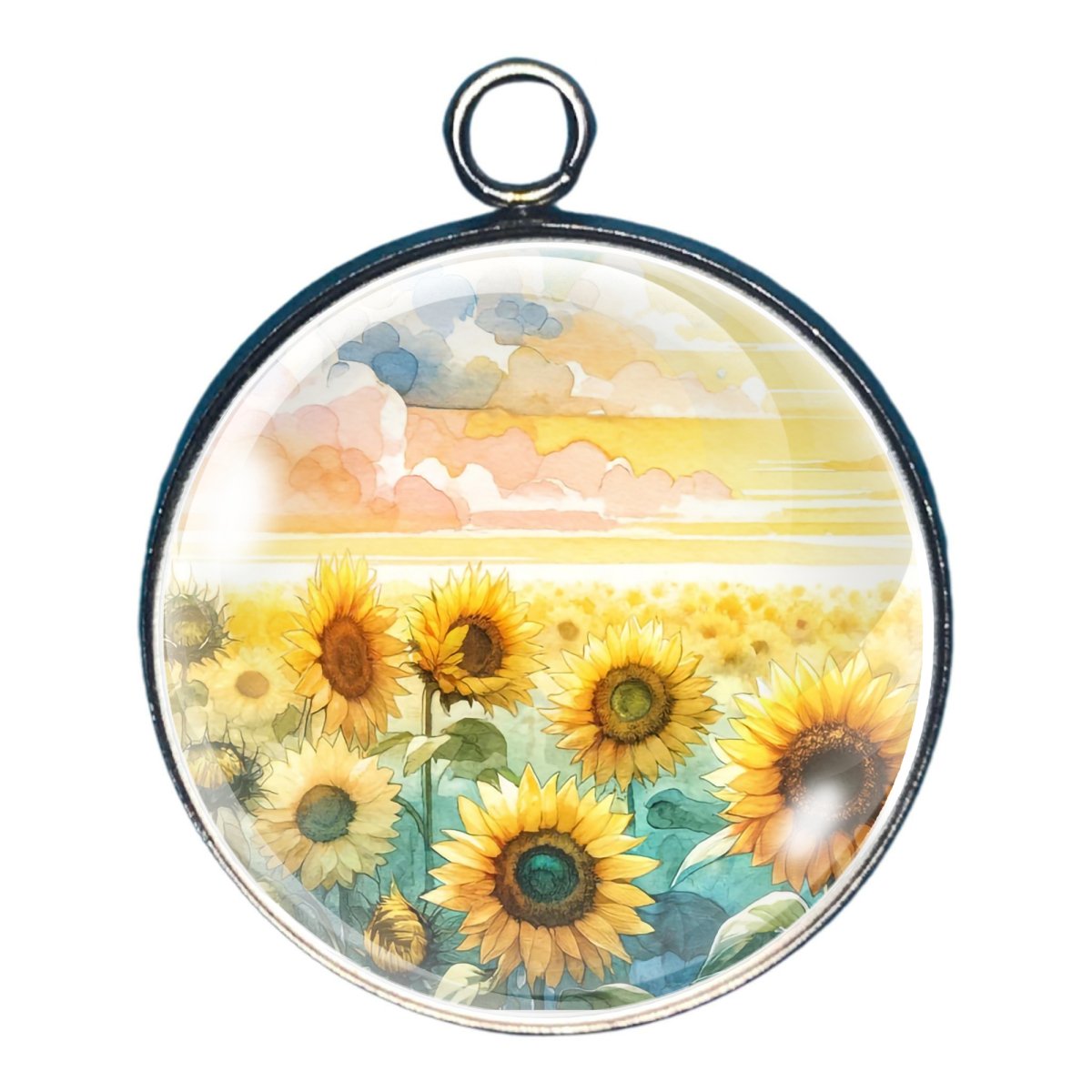 charm depicting a field of sunflowers with a colorful sky 