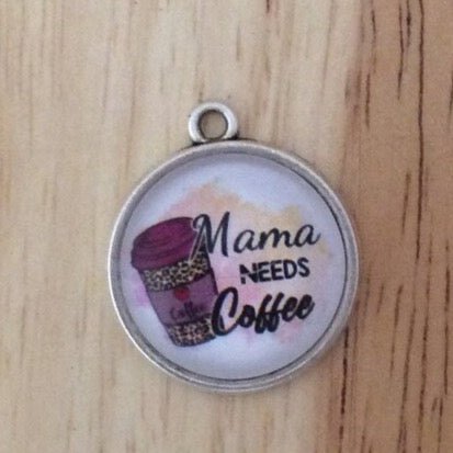 glass cabochon charm with a to go coffee cup  and says mama needs coffee