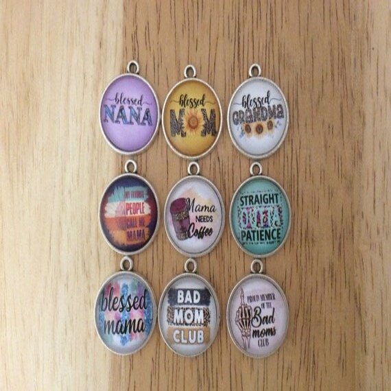 Set of 9 glass cabochon charms for mom