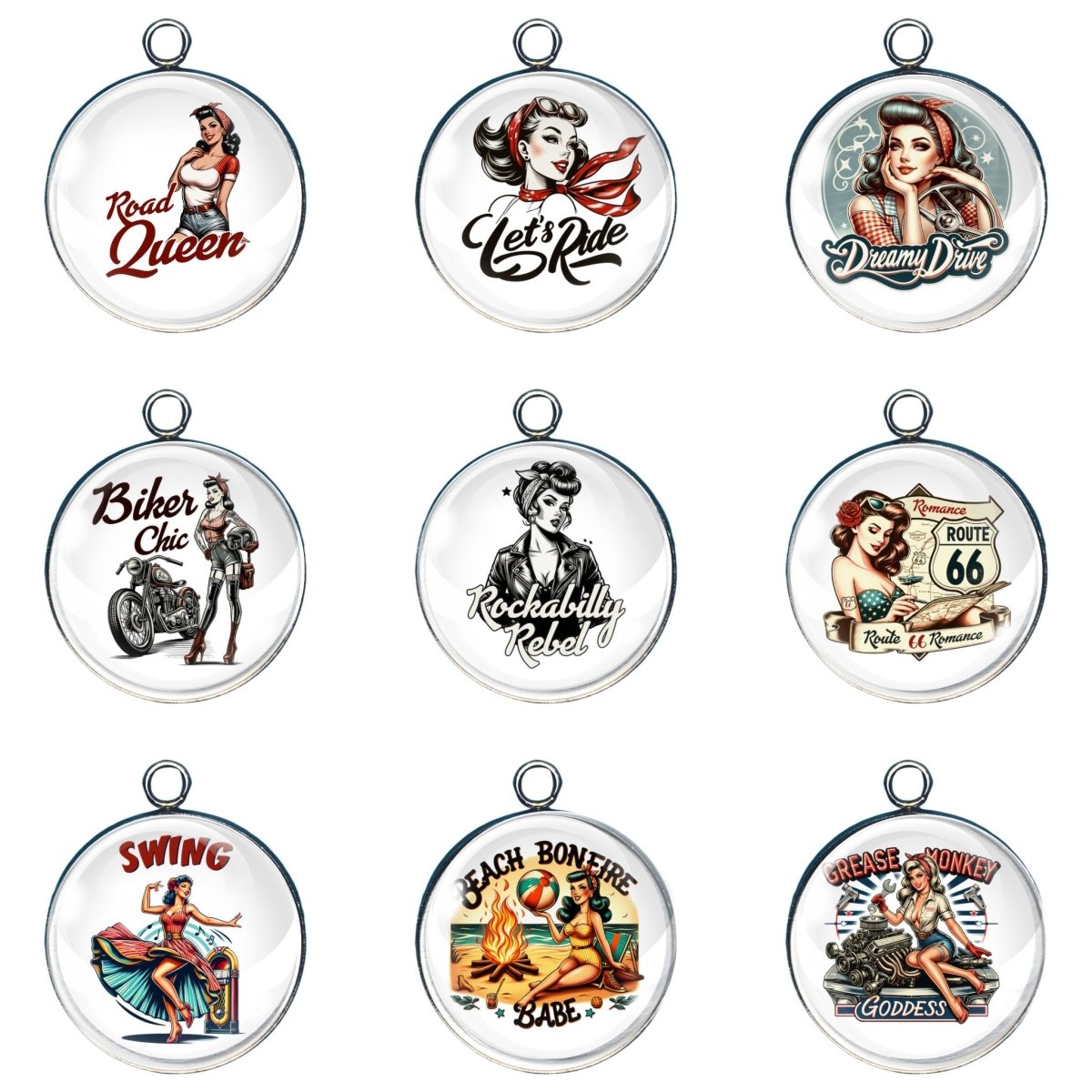 9 retro pinup girl glass cabochon charms