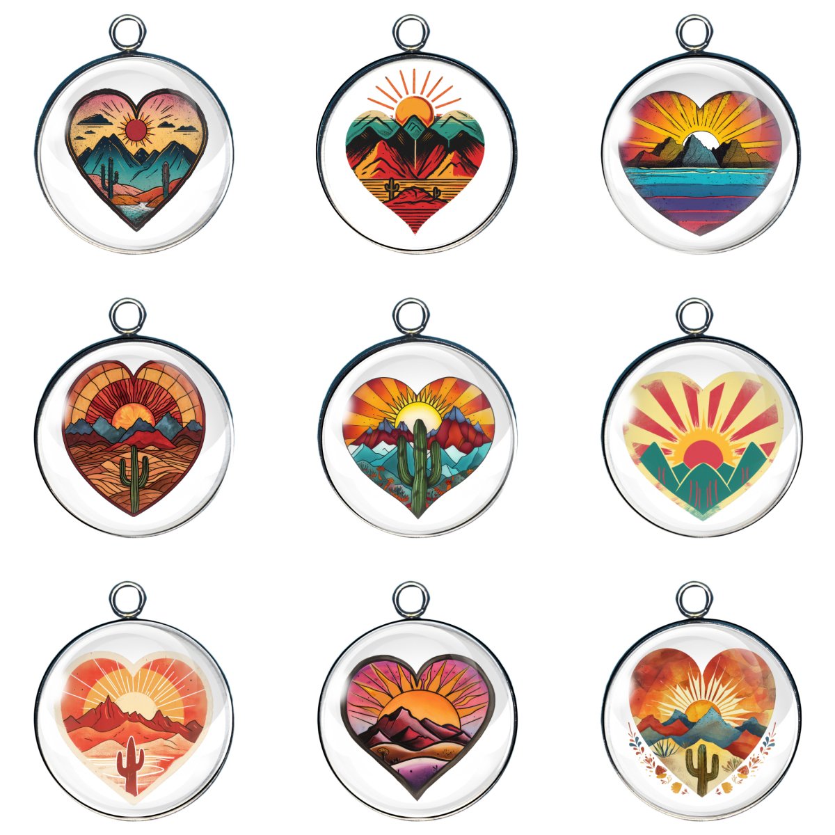 9 retro sunset heart glass cabochon charms