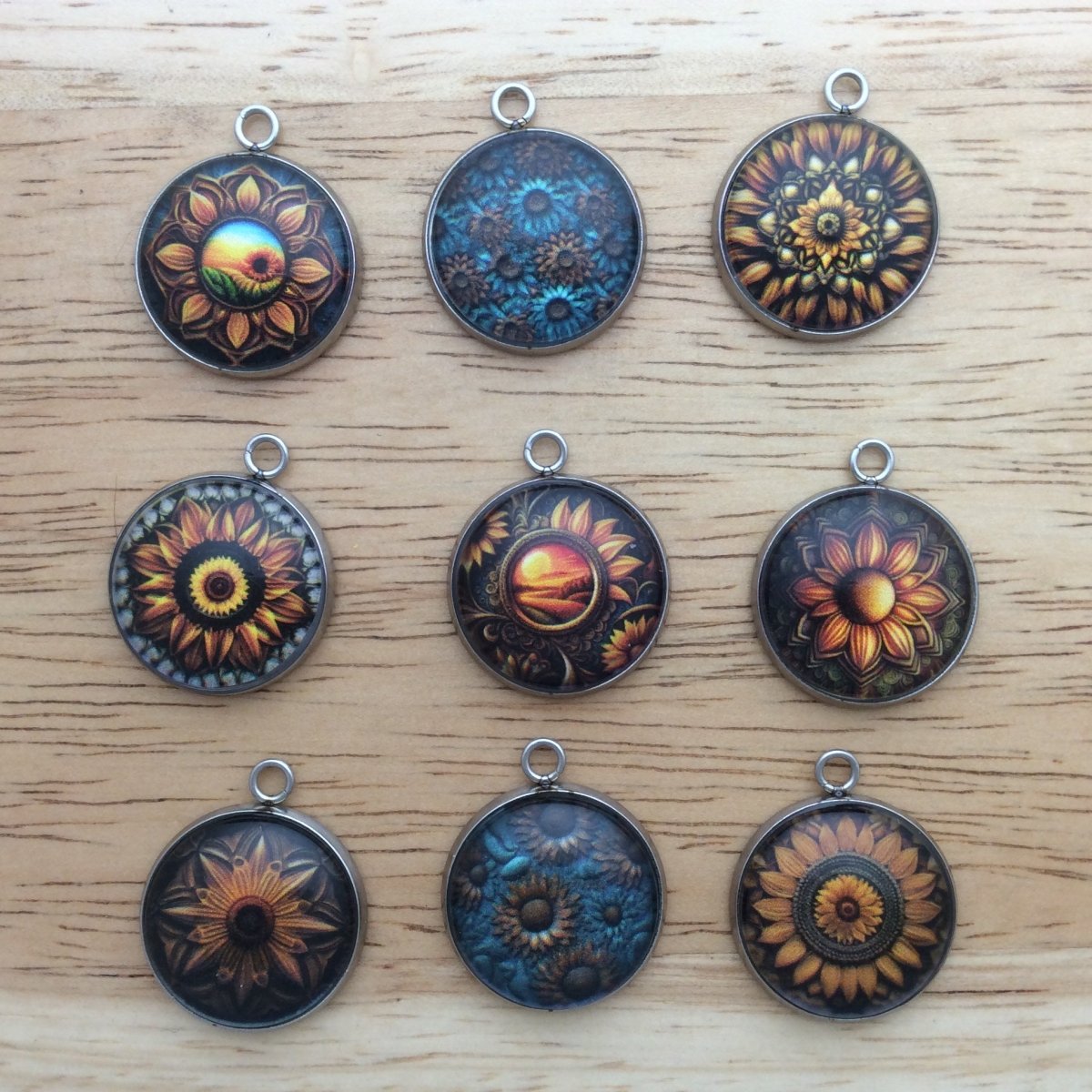 9 southwestern style sunflower glass cabochon charms