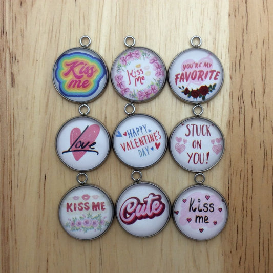 9 glass cabochon charms with Valentines sayings