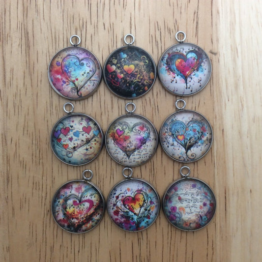 9 glass cabochon charms with Colorful hearts and musical notes