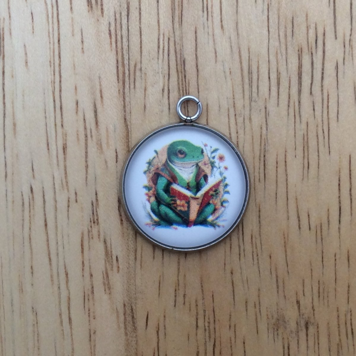 frog  reading a book glass cabochon charm