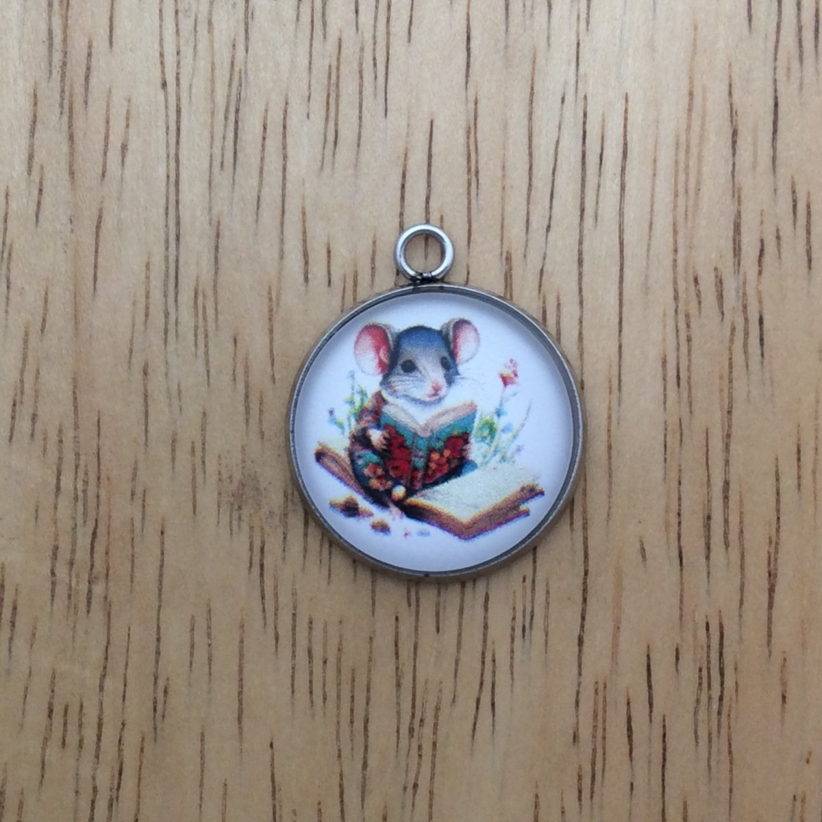 Mouse  reading a book glass cabochon charm