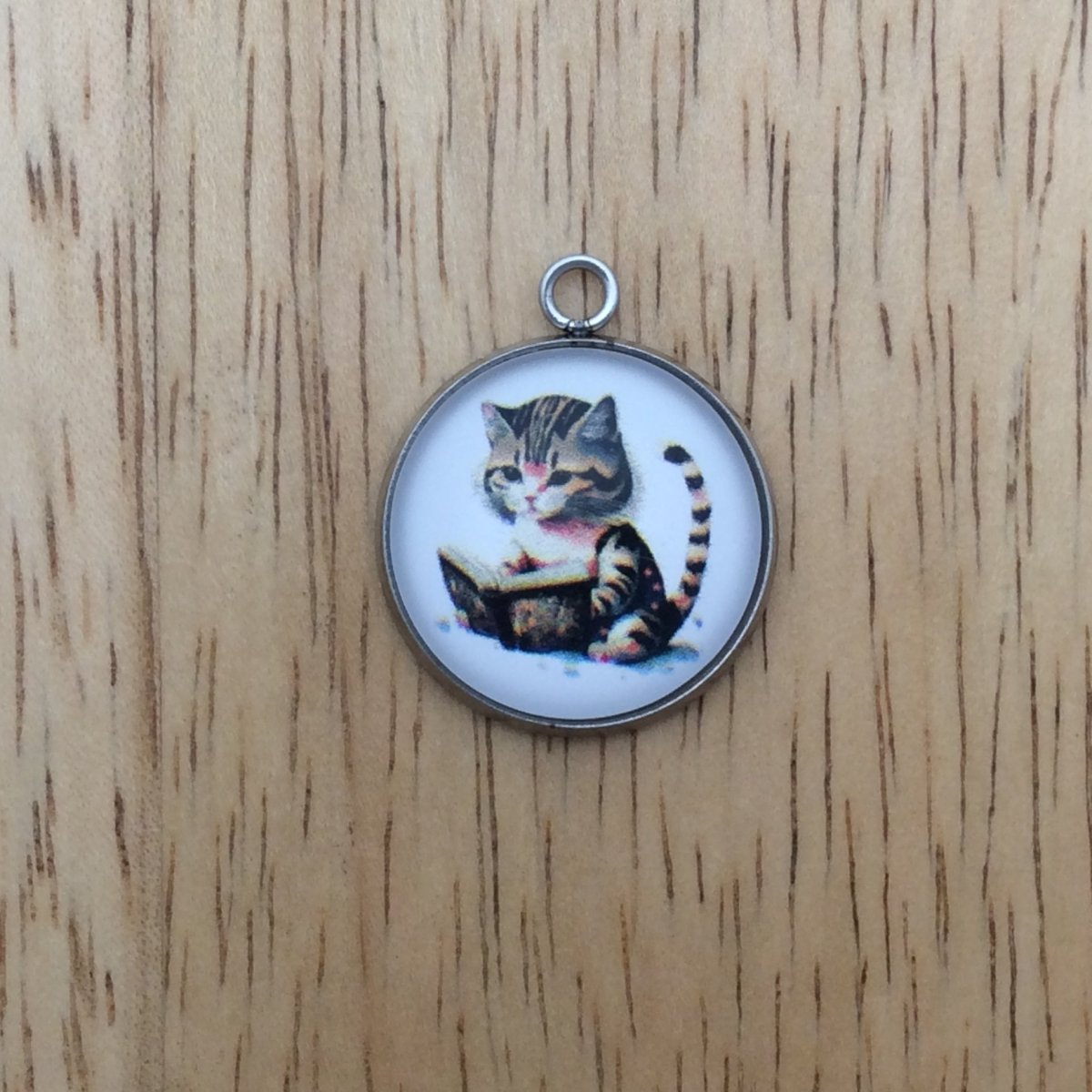 cat  reading a book glass cabochon charm